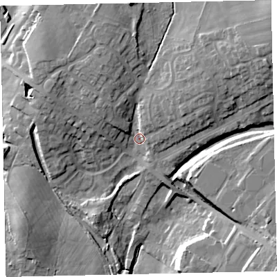 Shaded relief map of the ground around CA255QJ, computed from Environment Agency LiDAR. The ground here sits at about 77 m above sea level and falls 27 m across the surrounding 800 m. Surface water reaching this point runs off ground lying to the north-east, 10.6 m higher.