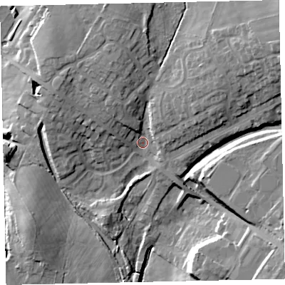 Shaded relief map of the ground around CA255QL, computed from Environment Agency LiDAR. The ground here sits at about 76 m above sea level and falls 28 m across the surrounding 800 m. Surface water reaching this point runs off ground lying to the north-east, 11.2 m higher.