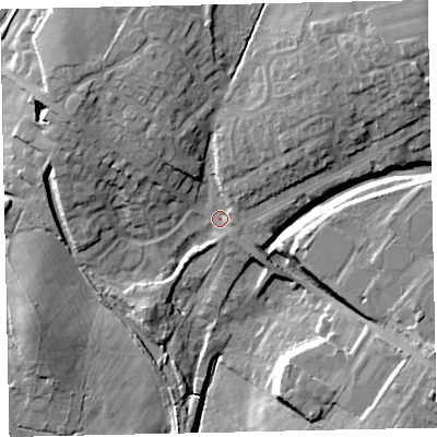 Shaded relief map of the ground around CA255QN, computed from Environment Agency LiDAR. The ground here sits at about 75 m above sea level and falls 28 m across the surrounding 800 m. Surface water reaching this point runs off ground lying to the north-east, 16.1 m higher.