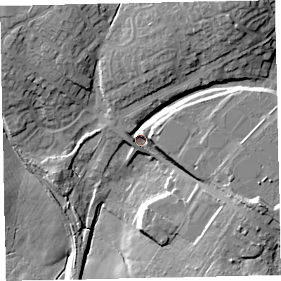 Shaded relief map of the ground around CA255QQ, computed from Environment Agency LiDAR. The ground here sits at about 73 m above sea level and falls 27 m across the surrounding 800 m. Surface water reaching this point runs off ground lying to the north-east, 15.6 m higher.