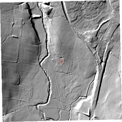 Shaded relief map of the ground around CA255QS, computed from Environment Agency LiDAR. The ground here sits at about 67 m above sea level and falls 22 m across the surrounding 800 m. Surface water reaching this point runs off ground lying to the north, 7.4 m higher.