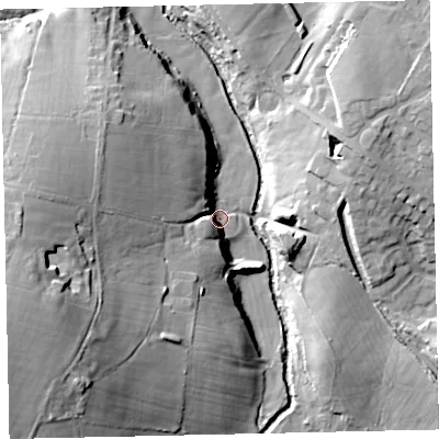 Shaded relief map of the ground around CA255QT, computed from Environment Agency LiDAR. The ground here sits at about 68 m above sea level and falls 32 m across the surrounding 800 m. Surface water reaching this point runs off ground lying to the west-north-west, 19.6 m higher.