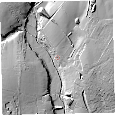Shaded relief map of the ground around CA255RJ, computed from Environment Agency LiDAR. The ground here sits at about 74 m above sea level and falls 29 m across the surrounding 800 m. Surface water reaching this point runs off ground lying to the north, 7.1 m higher.