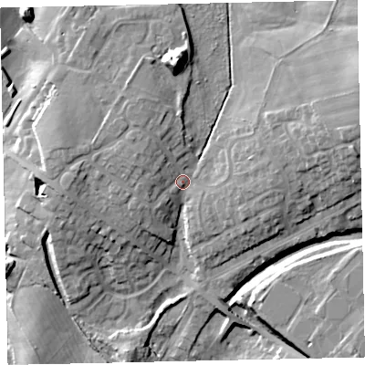 Shaded relief map of the ground around CA255SE, computed from Environment Agency LiDAR. The ground here sits at about 82 m above sea level and falls 27 m across the surrounding 800 m. Surface water reaching this point runs off ground lying to the north, 14.4 m higher.
