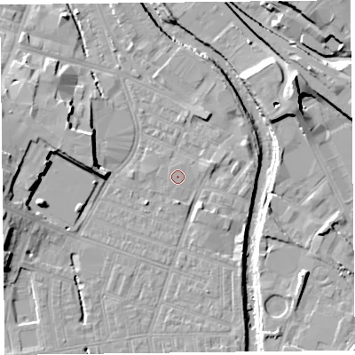 Shaded relief map of the ground around CA25AA, computed from Environment Agency LiDAR. The ground here sits at about 16 m above sea level and falls 15 m across the surrounding 800 m. Surface water reaching this point runs off ground lying to the south-east, 2.5 m higher.