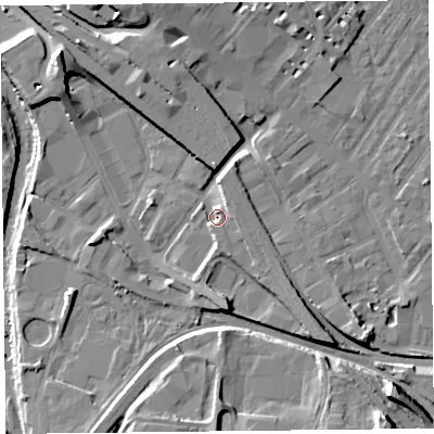 Shaded relief map of the ground around CA25AB, computed from Environment Agency LiDAR. The ground here sits at about 18 m above sea level and falls 17 m across the surrounding 800 m. Surface water reaching this point runs off ground lying to the south-east, 4.5 m higher.