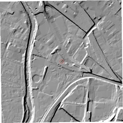 Shaded relief map of the ground around CA25AD, computed from Environment Agency LiDAR. The ground here sits at about 18 m above sea level and falls 21 m across the surrounding 800 m. Surface water reaching this point runs off ground lying to the north, 1.5 m higher.