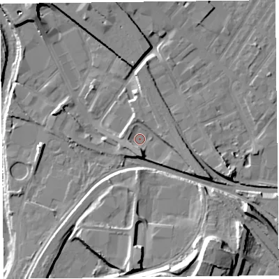 Shaded relief map of the ground around CA25AE, computed from Environment Agency LiDAR. The ground here sits at about 18 m above sea level and falls 21 m across the surrounding 800 m. Surface water reaching this point runs off ground lying to the south, 4.6 m higher.