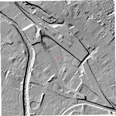 Shaded relief map of the ground around CA25AF, computed from Environment Agency LiDAR. The ground here sits at about 16 m above sea level and falls 14 m across the surrounding 800 m. Surface water reaching this point runs off ground lying to the north-west, 9.7 m higher.
