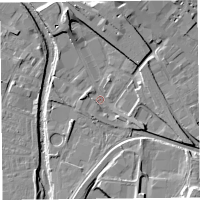 Shaded relief map of the ground around CA25AG, computed from Environment Agency LiDAR. The ground here sits at about 16 m above sea level and falls 21 m across the surrounding 800 m. Surface water reaching this point runs off ground lying to the east-south-east, 4.7 m higher.