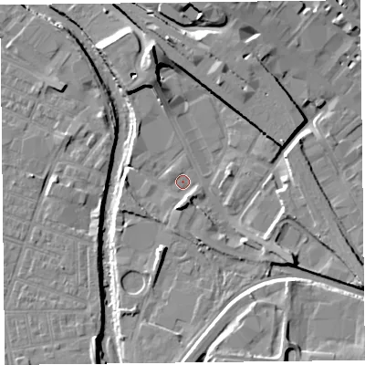 Shaded relief map of the ground around CA25AH, computed from Environment Agency LiDAR. The ground here sits at about 16 m above sea level and falls 14 m across the surrounding 800 m. Surface water reaching this point runs off ground lying to the south, 4.2 m higher.