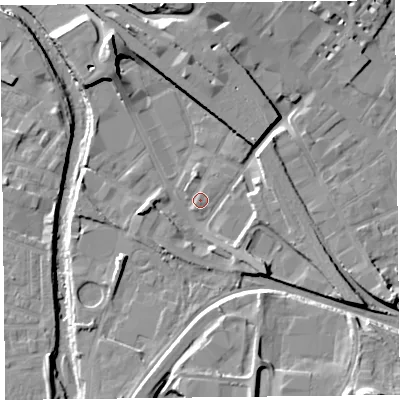 Shaded relief map of the ground around CA25AJ, computed from Environment Agency LiDAR. The ground here sits at about 17 m above sea level and falls 20 m across the surrounding 800 m. Surface water reaching this point runs off ground lying to the north, 1.8 m higher.
