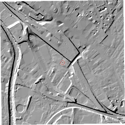Shaded relief map of the ground around CA25AN, computed from Environment Agency LiDAR. The ground here sits at about 17 m above sea level and falls 14 m across the surrounding 800 m. Surface water reaching this point runs off ground lying to the north, 6.4 m higher.