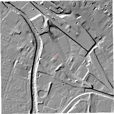 Shaded relief map of the ground around CA25AP, computed from Environment Agency LiDAR. The ground here sits at about 16 m above sea level and falls 14 m across the surrounding 800 m. Surface water reaching this point runs off ground lying to the north-north-west, 9.7 m higher.