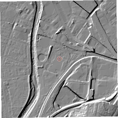 Shaded relief map of the ground around CA25AQ, computed from Environment Agency LiDAR. The ground here sits at about 17 m above sea level and falls 20 m across the surrounding 800 m. Surface water reaching this point runs off ground lying to the south-east, 1.0 m higher.