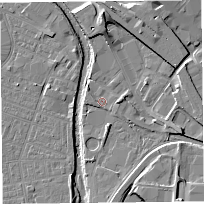 Shaded relief map of the ground around CA25AS, computed from Environment Agency LiDAR. The ground here sits at about 17 m above sea level and falls 15 m across the surrounding 800 m. Surface water reaching this point runs off ground lying to the west, 1.8 m higher.