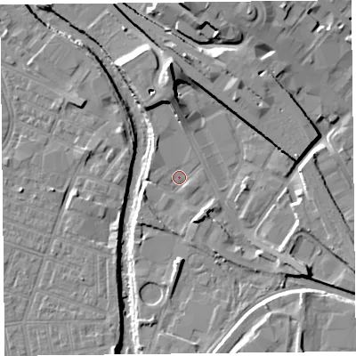Shaded relief map of the ground around CA25AU, computed from Environment Agency LiDAR. The ground here sits at about 16 m above sea level and falls 15 m across the surrounding 800 m. Surface water reaching this point runs off ground lying to the north, 9.7 m higher.