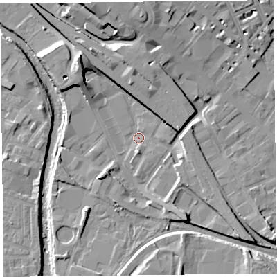 Shaded relief map of the ground around CA25AW, computed from Environment Agency LiDAR. The ground here sits at about 16 m above sea level and falls 14 m across the surrounding 800 m. Surface water reaching this point runs off ground lying to the north, 6.7 m higher.