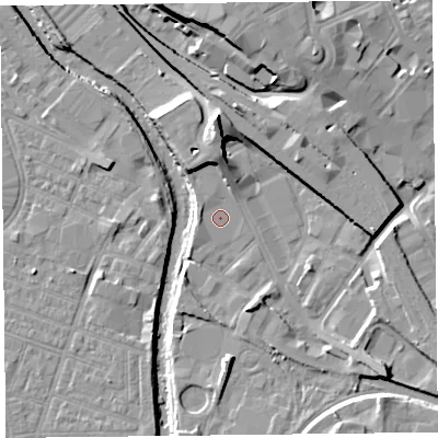 Shaded relief map of the ground around CA25AY, computed from Environment Agency LiDAR. The ground here sits at about 16 m above sea level and falls 15 m across the surrounding 800 m. Surface water reaching this point runs off ground lying to the north, 7.1 m higher.