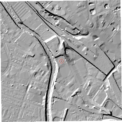 Shaded relief map of the ground around CA25BB, computed from Environment Agency LiDAR. The ground here sits at about 17 m above sea level and falls 15 m across the surrounding 800 m. Surface water reaching this point runs off ground lying to the north-north-east, 6.7 m higher.