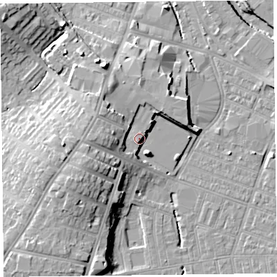 Shaded relief map of the ground around CA25BJ, computed from Environment Agency LiDAR. The ground here sits at about 20 m above sea level and falls 17 m across the surrounding 800 m. Surface water reaching this point runs off ground lying to the west, 5.6 m higher.