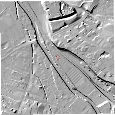Shaded relief map of the ground around CA25BN, computed from Environment Agency LiDAR. The ground here sits at about 14 m above sea level and falls 17 m across the surrounding 800 m. Surface water reaching this point runs off ground lying to the south-east, 11.6 m higher.