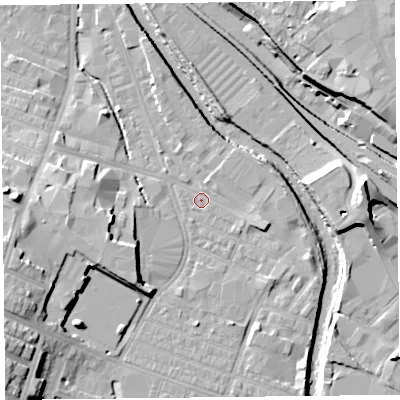 Shaded relief map of the ground around CA25BT, computed from Environment Agency LiDAR. The ground here sits at about 15 m above sea level and falls 15 m across the surrounding 800 m. Surface water reaching this point runs off ground lying to the east-south-east, 3.0 m higher.