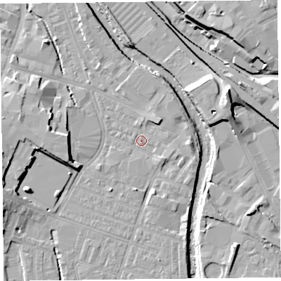 Shaded relief map of the ground around CA25DS, computed from Environment Agency LiDAR. The ground here sits at about 15 m above sea level and falls 15 m across the surrounding 800 m. Surface water reaching this point runs off ground lying to the east, 3.1 m higher.