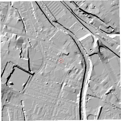 Shaded relief map of the ground around CA25DT, computed from Environment Agency LiDAR. The ground here sits at about 16 m above sea level and falls 15 m across the surrounding 800 m. Surface water reaching this point runs off ground lying to the north-east, 2.7 m higher.