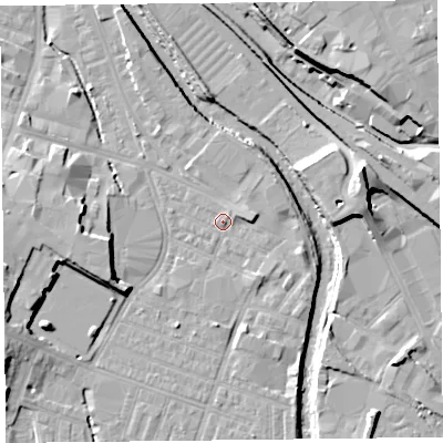 Shaded relief map of the ground around CA25DW, computed from Environment Agency LiDAR. The ground here sits at about 16 m above sea level and falls 15 m across the surrounding 800 m. Surface water reaching this point runs off ground lying to the east, 2.5 m higher.
