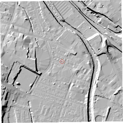 Shaded relief map of the ground around CA25DX, computed from Environment Agency LiDAR. The ground here sits at about 15 m above sea level and falls 15 m across the surrounding 800 m. Surface water reaching this point runs off ground lying to the east, 3.4 m higher.