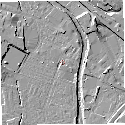 Shaded relief map of the ground around CA25DY, computed from Environment Agency LiDAR. The ground here sits at about 16 m above sea level and falls 14 m across the surrounding 800 m. Surface water reaching this point runs off ground lying to the south, 2.8 m higher.