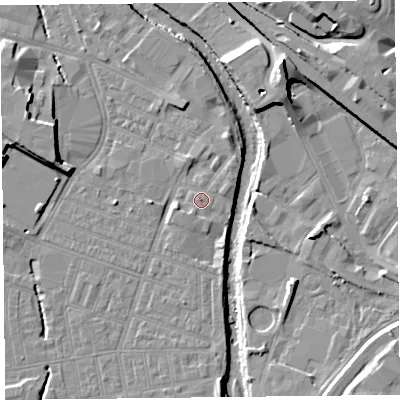 Shaded relief map of the ground around CA25DZ, computed from Environment Agency LiDAR. The ground here sits at about 16 m above sea level and falls 14 m across the surrounding 800 m. Surface water reaching this point runs off ground lying to the east-north-east, 1.1 m higher.