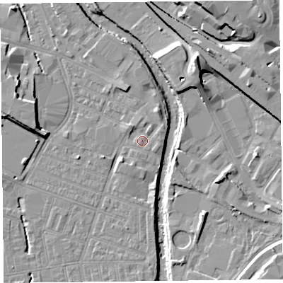 Shaded relief map of the ground around CA25ED, computed from Environment Agency LiDAR. The ground here sits at about 16 m above sea level and falls 15 m across the surrounding 800 m. Surface water reaching this point runs off ground lying to the east-north-east, 1.2 m higher.