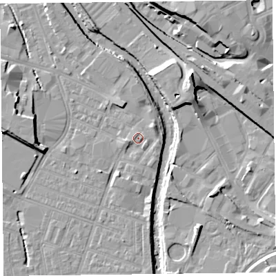 Shaded relief map of the ground around CA25EE, computed from Environment Agency LiDAR. The ground here sits at about 17 m above sea level and falls 15 m across the surrounding 800 m. Surface water reaching this point runs off ground lying to the east-south-east, 0.8 m higher.
