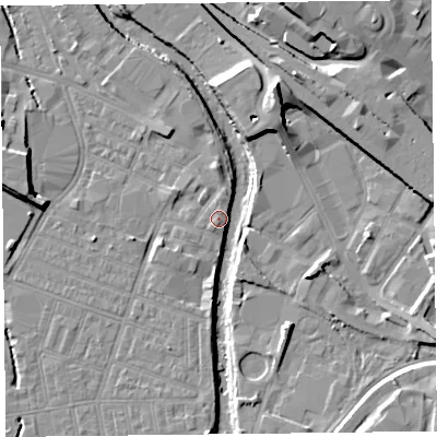 Shaded relief map of the ground around CA25EF, computed from Environment Agency LiDAR. The ground here sits at about 17 m above sea level and falls 15 m across the surrounding 800 m. Surface water reaching this point runs off ground lying to the north-north-east, 12.1 m higher.