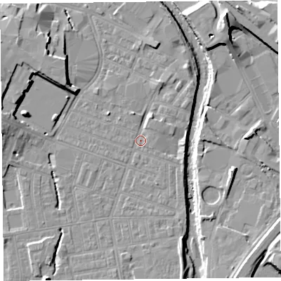 Shaded relief map of the ground around CA25EG, computed from Environment Agency LiDAR. The ground here sits at about 16 m above sea level and falls 13 m across the surrounding 800 m. Surface water reaching this point runs off ground lying to the south, 2.7 m higher.
