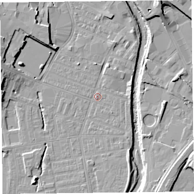 Shaded relief map of the ground around CA25EH, computed from Environment Agency LiDAR. The ground here sits at about 16 m above sea level and falls 12 m across the surrounding 800 m. Surface water reaching this point runs off ground lying to the south, 2.5 m higher.