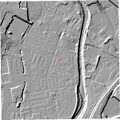 Shaded relief map of the ground around CA25EJ, computed from Environment Agency LiDAR. The ground here sits at about 16 m above sea level and falls 11 m across the surrounding 800 m. Surface water reaching this point runs off ground lying to the east-south-east, 1.1 m higher.