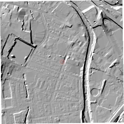 Shaded relief map of the ground around CA25EL, computed from Environment Agency LiDAR. The ground here sits at about 16 m above sea level and falls 14 m across the surrounding 800 m. Surface water reaching this point runs off ground lying to the south, 3.2 m higher.