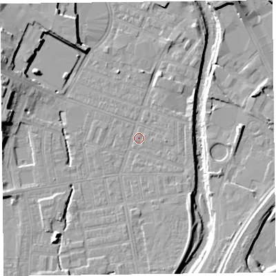 Shaded relief map of the ground around CA25EN, computed from Environment Agency LiDAR. The ground here sits at about 16 m above sea level and falls 12 m across the surrounding 800 m. Surface water reaching this point runs off ground lying to the south, 3.1 m higher.