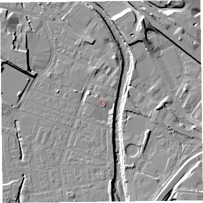 Shaded relief map of the ground around CA25EQ, computed from Environment Agency LiDAR. The ground here sits at about 16 m above sea level and falls 13 m across the surrounding 800 m. Surface water reaching this point runs off ground lying to the north-west, 0.8 m higher.