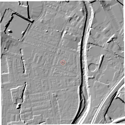 Shaded relief map of the ground around CA25ET, computed from Environment Agency LiDAR. The ground here sits at about 16 m above sea level and falls 11 m across the surrounding 800 m. Surface water reaching this point runs off ground lying to the east, 1.0 m higher.