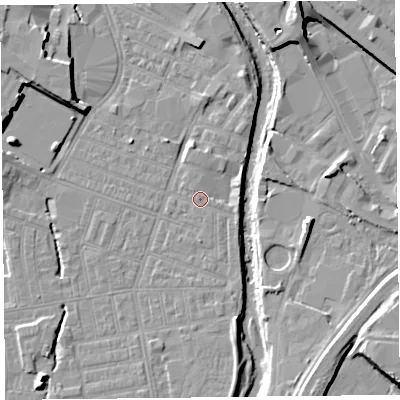 Shaded relief map of the ground around CA25EU, computed from Environment Agency LiDAR. The ground here sits at about 16 m above sea level and falls 13 m across the surrounding 800 m. Surface water reaching this point runs off ground lying to the south-south-east, 4.1 m higher.