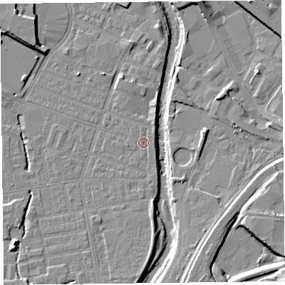 Shaded relief map of the ground around CA25EY, computed from Environment Agency LiDAR. The ground here sits at about 16 m above sea level and falls 14 m across the surrounding 800 m. Surface water reaching this point runs off ground lying to the south, 3.2 m higher.