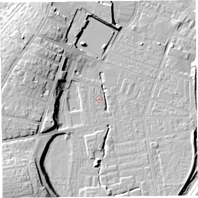 Shaded relief map of the ground around CA25FY, computed from Environment Agency LiDAR. The ground here sits at about 17 m above sea level and falls 18 m across the surrounding 800 m. Surface water reaching this point runs off ground lying to the south-west, 17.3 m higher.