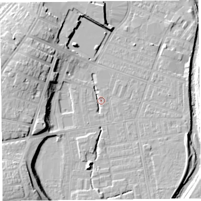 Shaded relief map of the ground around CA25FZ, computed from Environment Agency LiDAR. The ground here sits at about 17 m above sea level and falls 19 m across the surrounding 800 m. Surface water reaching this point runs off ground lying to the south-west, 17.1 m higher.