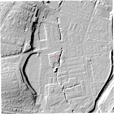 Shaded relief map of the ground around CA25GX, computed from Environment Agency LiDAR. The ground here sits at about 18 m above sea level and falls 20 m across the surrounding 800 m. Surface water reaching this point runs off ground lying to the south, 3.6 m higher.