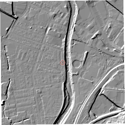 Shaded relief map of the ground around CA25GY, computed from Environment Agency LiDAR. The ground here sits at about 17 m above sea level and falls 16 m across the surrounding 800 m. Surface water reaching this point runs off ground lying to the south-south-east, 8.3 m higher.