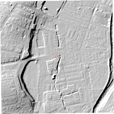 Shaded relief map of the ground around CA25GZ, computed from Environment Agency LiDAR. The ground here sits at about 17 m above sea level and falls 19 m across the surrounding 800 m. Surface water reaching this point runs off ground lying to the west-south-west, 15.8 m higher.